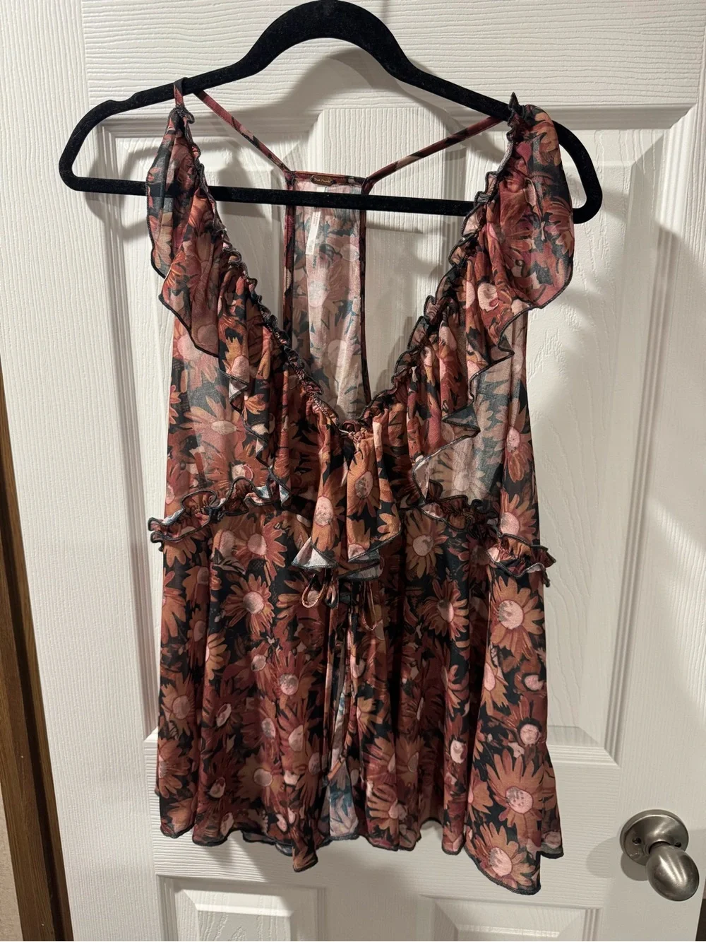 Free People Floral Ruffle Camisole in Pink and Brown